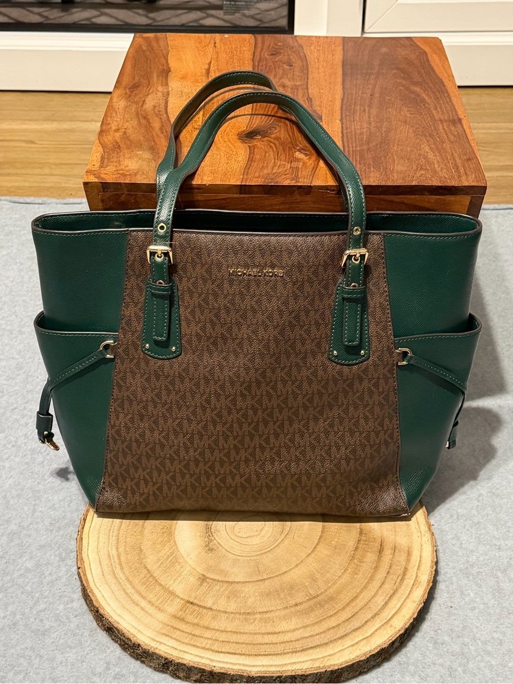 Michael Kors Voyager Brown & Forest Green Signature Tote Bag Purse